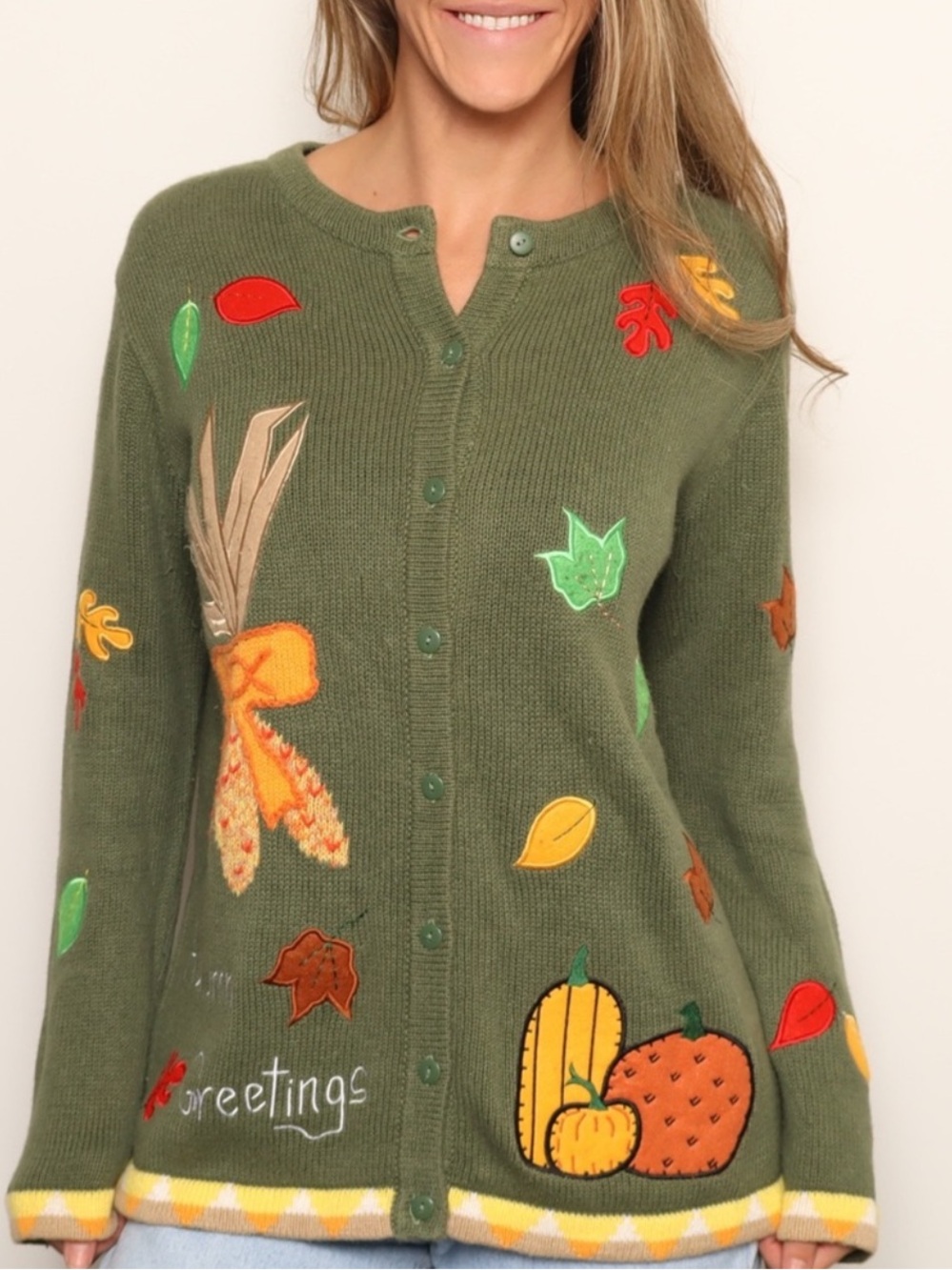🍁 EUC Quacker Factory Autumn Greetings Embroidered Cardigan Sweater